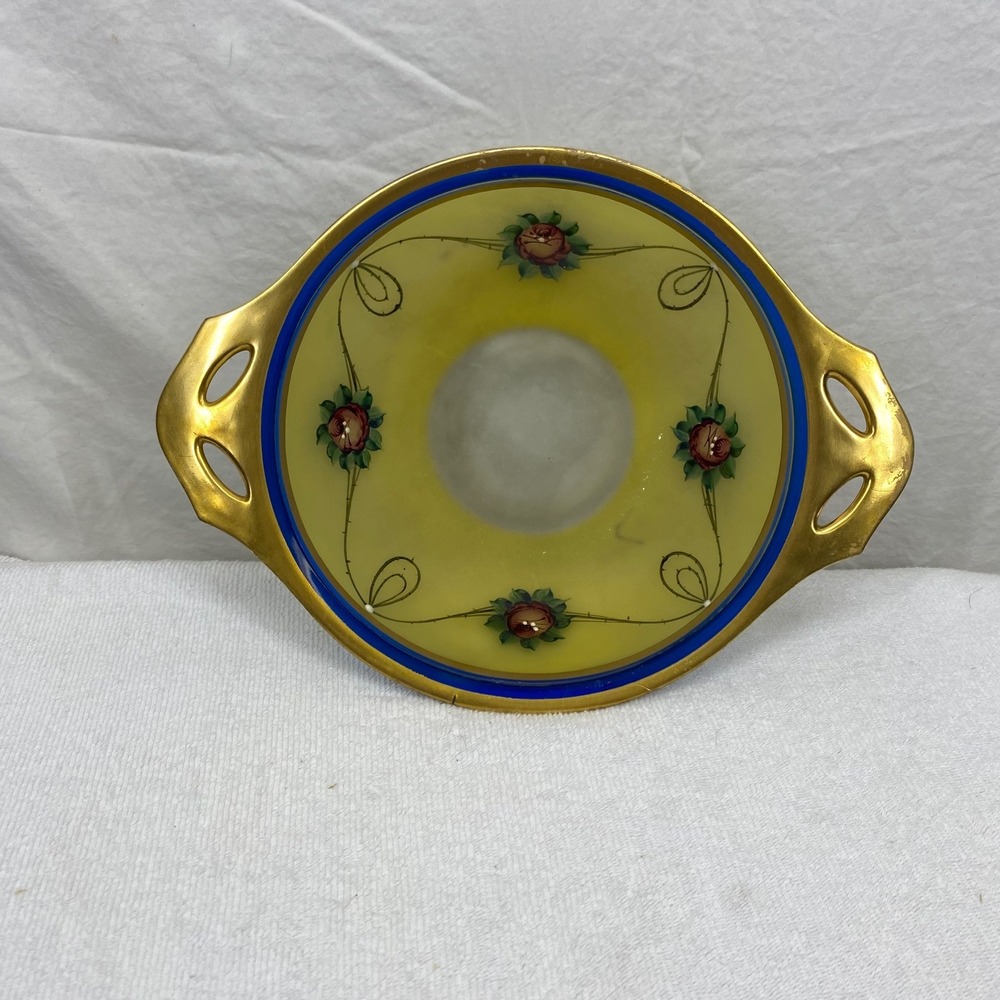 Vintage Hand Painted Yellow Glass Rose Nut Bowl Gold Gilt Handles Cobalt Blue